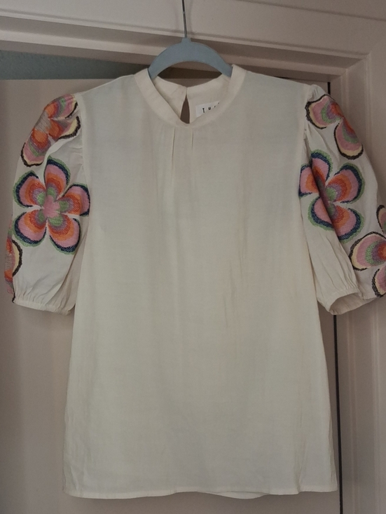 THML Tops - THML Cream Top with Colorful Embroidered Puff Sleeves